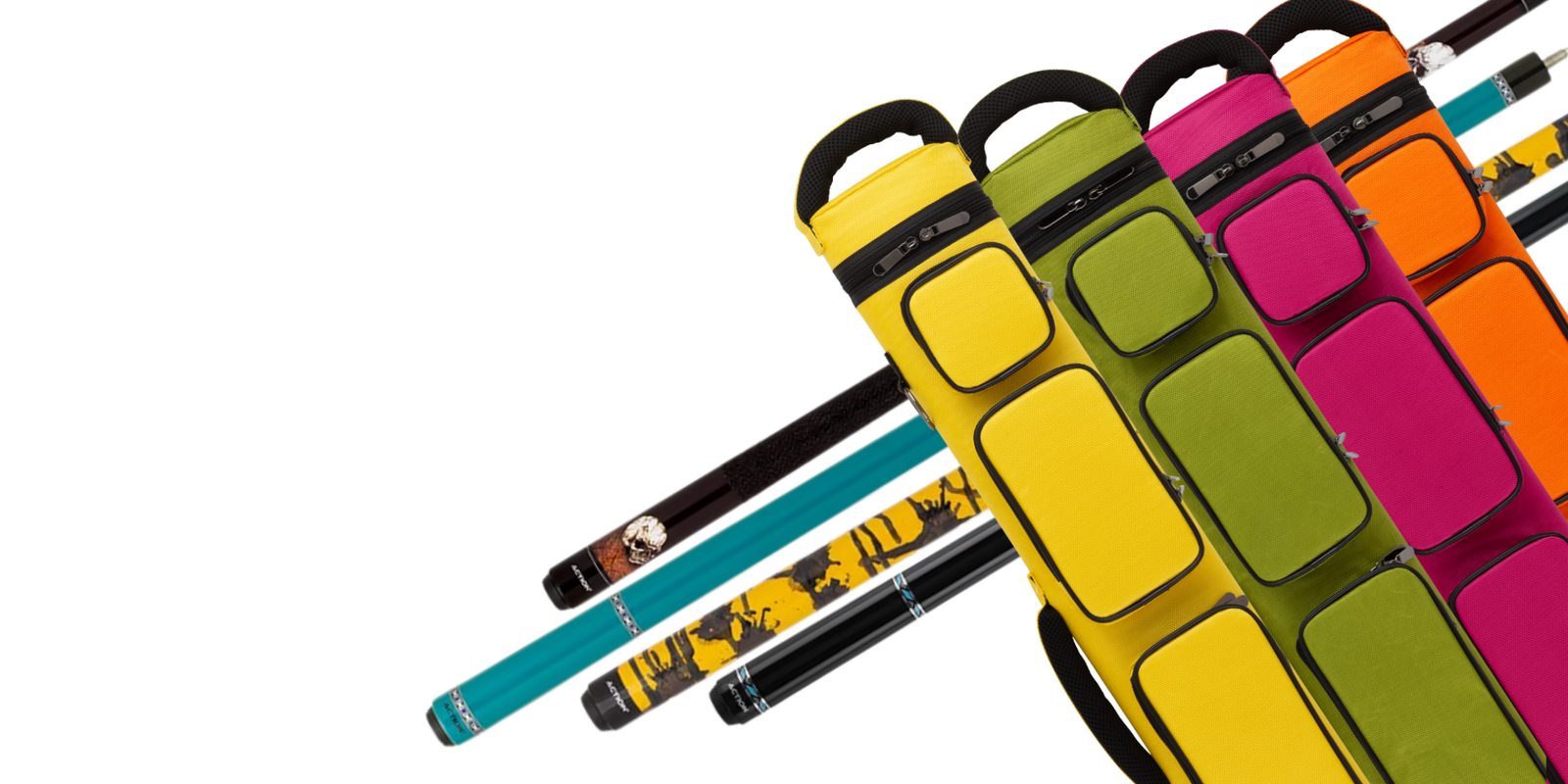 Colorful pool cues and cases displayed.