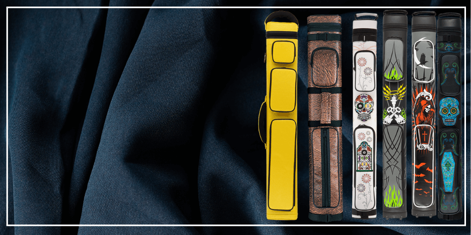 Colorful pool cue case bags on dark fabric
