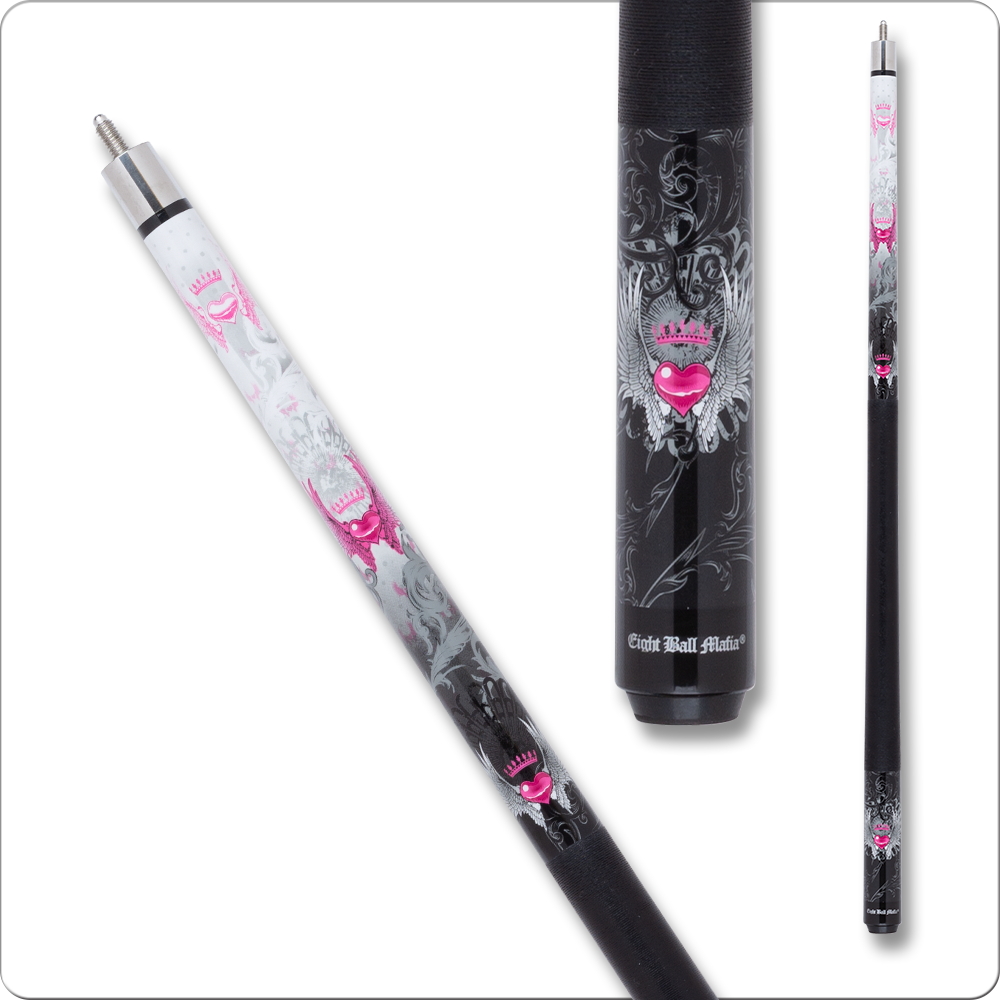 EBM11 pool cue pink heart & wings design