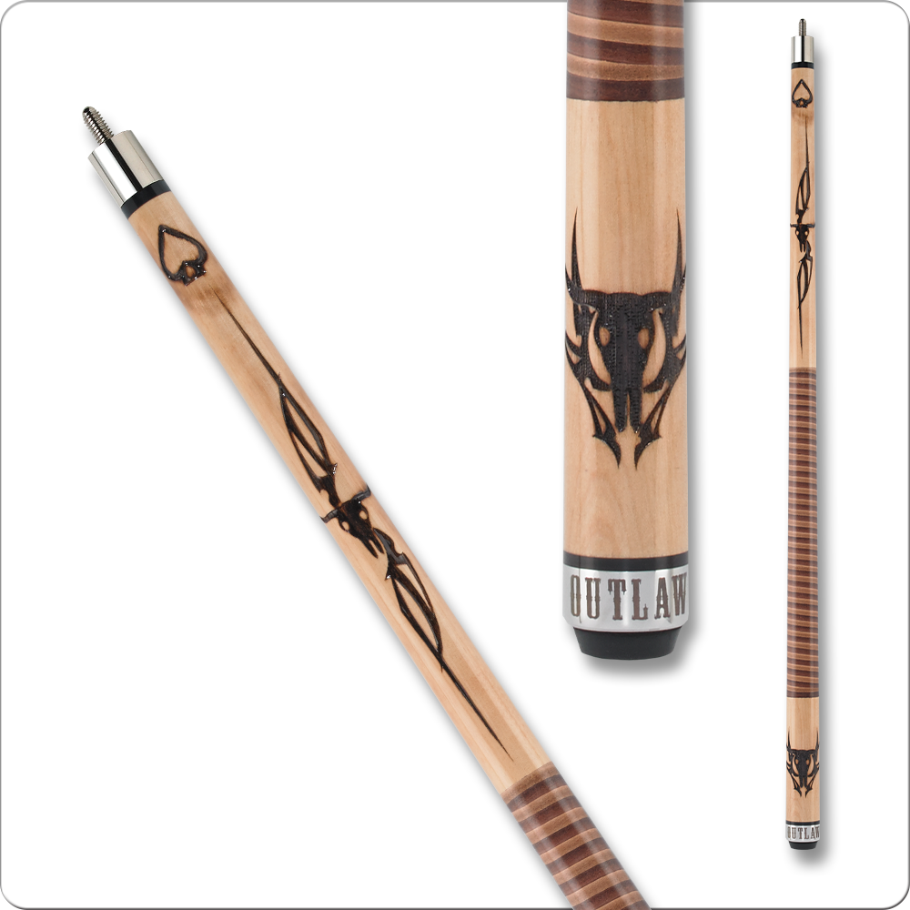 Outlaw OL42 pool cue with black and white western design on forearm