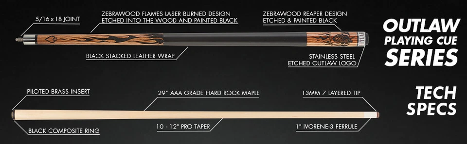 Outlaw OL50 Pool Cue Zebrawood Reaper Design - Image 6