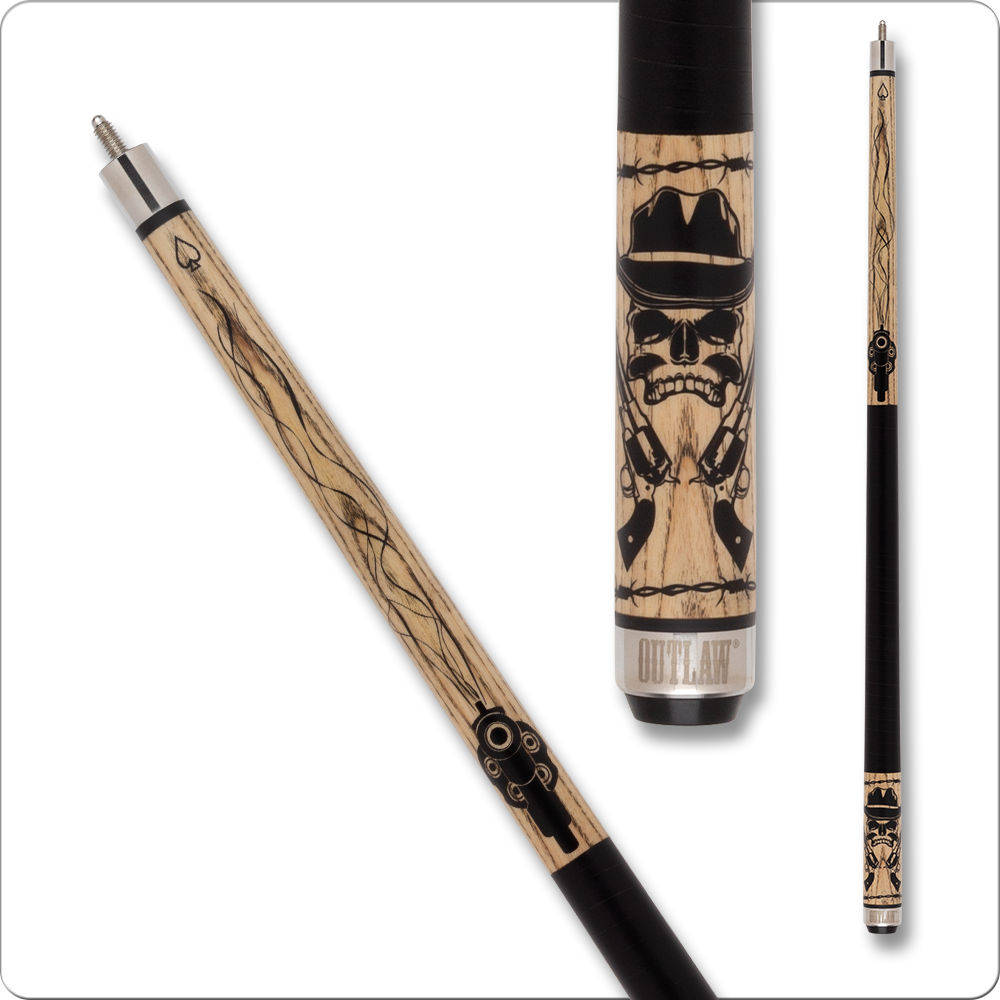 Outlaw OL52 pool cue with edgy skull and dagger graphic design