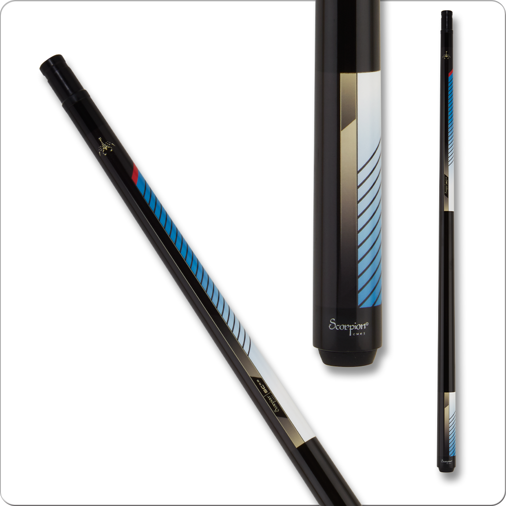 Scorpion SCO114 cue gloss black with blue & white stripes