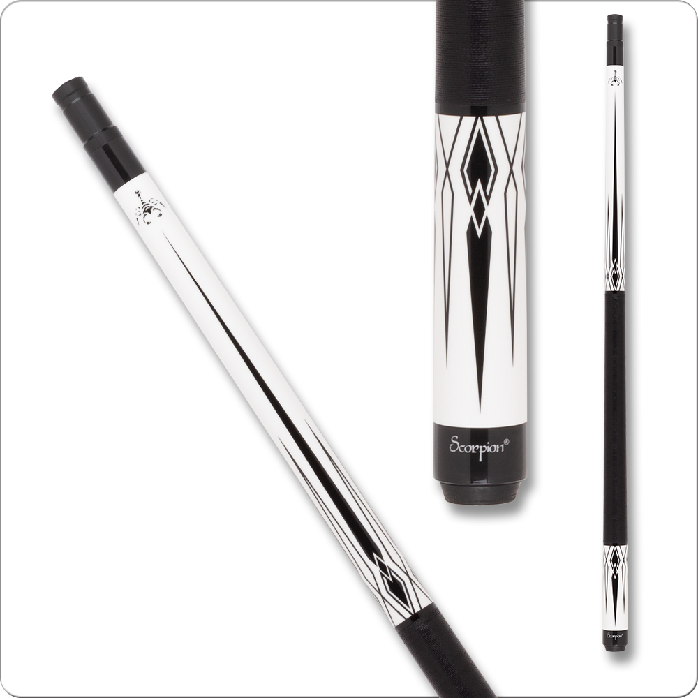 Scorpion SW10 pool cue with white and black spear design