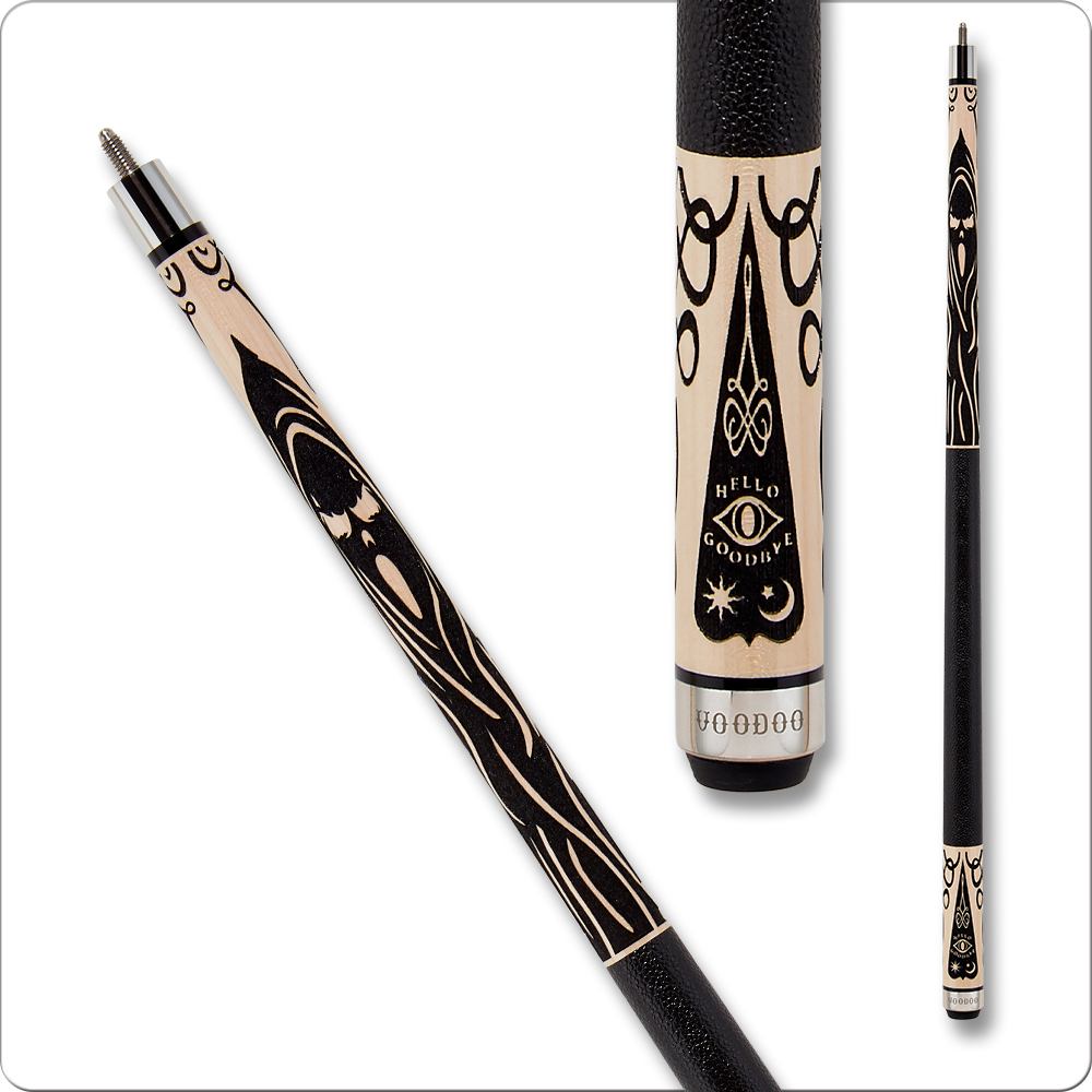 Voodoo VOD40 pool cue with Ouija board and ghoul engraving, black wrap, 13 mm boar tip