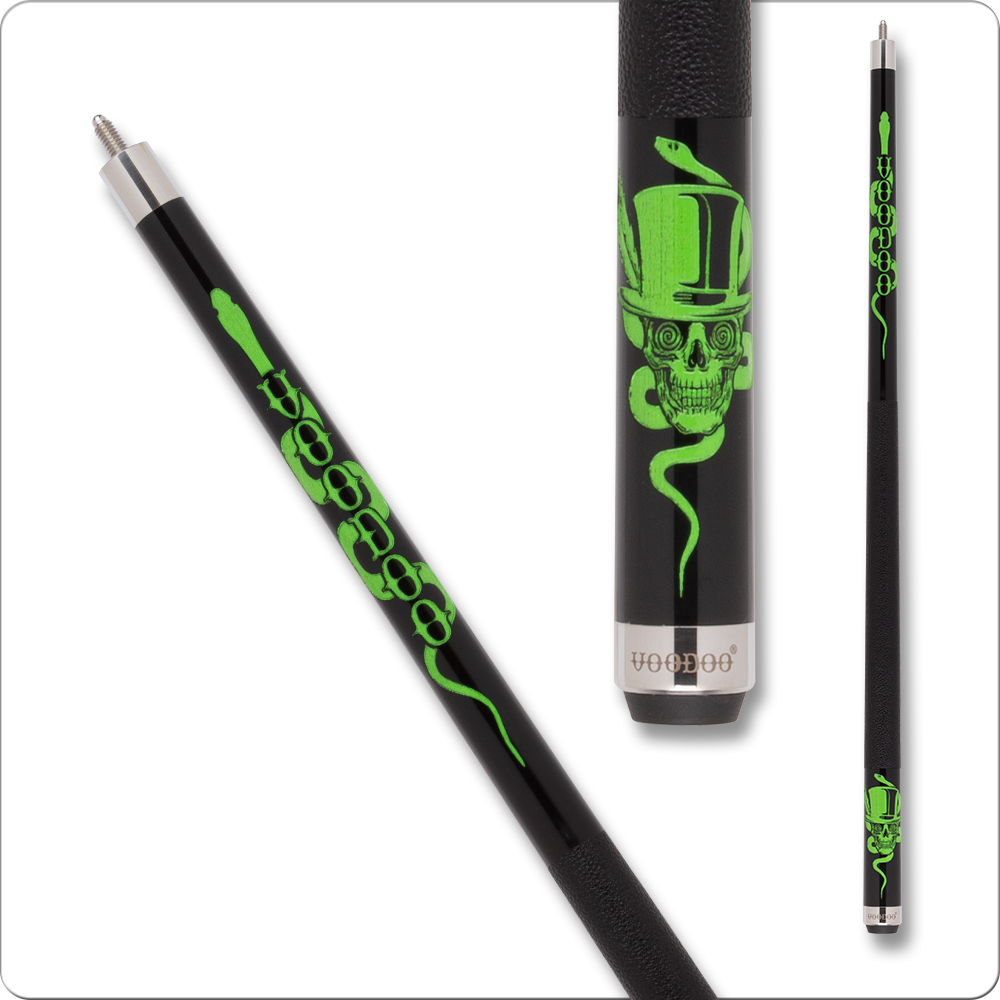 Voodoo VOD44 pool cue with black and green skull and serpent design