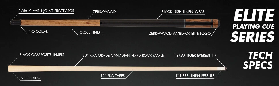 Elite EP49 Pool Cue Zebrawood Forearm with Black Stain Strip Design - Image 12